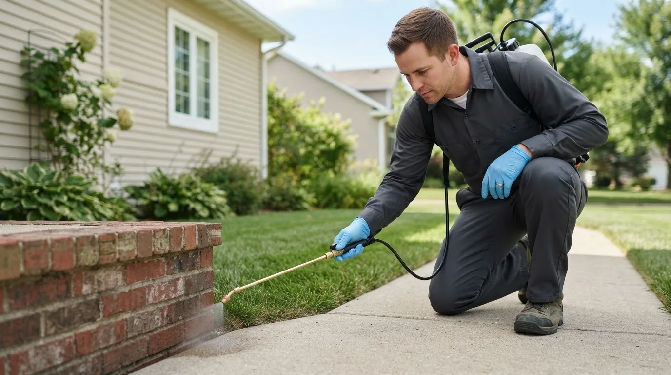 Pest control technician treating a home near Brunswick, OH
